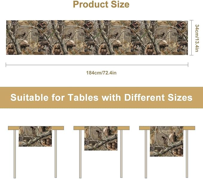 Forest Camouflage Table Runner, Camo Rustic Wildlife Animal Hunting Deer Elk Bird Bear Table Runner for Party Kitchen Dining Banquet 13x108in