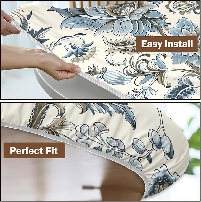 Vintage Floral Round Fitted Tablecloth with Elastic Blue Brown Chinoiserie Flower Circle Table Cloth for 48-52" Round Tables Wipeable Waterproof Elegant Rustic Table Cover for Dining Patio Picnic