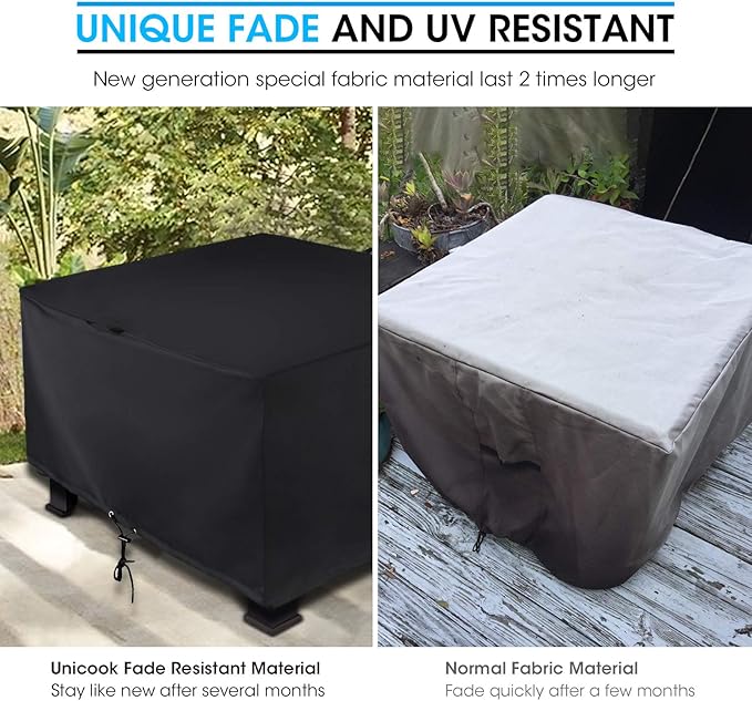 Unicook Square Fire Pit Cover 38 Inch, Heavy Duty Waterproof Fire Table Cover, Outdoor Firepit Protector with Drawstring and Handles, All Weather Protection, Black