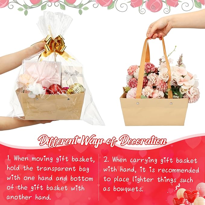 PerKoop 24 Pack Baskets for Gifts Empty Bulk 6.5 x 9.8'' Thick Kraft Gift Basket with Bows and Bags Empty Gift Baskets for Valentine's Day Easter Birthdays Wedding Snacks Farmers Market(Khaki)