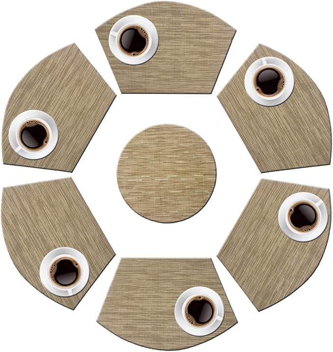 PIGCHCY Wedge Shaped Placemats Set of 6 with Centerpiece Round Mats Washable Kitchen Placemats Heat-Resistant Table Mats(Beige)