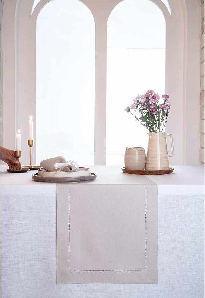 D'Moksha Homes Linen Silver Grey Table Runner 60 Inches - Classic Hemstitch, 100% Pure Linen Coffee Table Runner 14 x 60 Inch Ideal for Dresser Tables - Spring, Easter