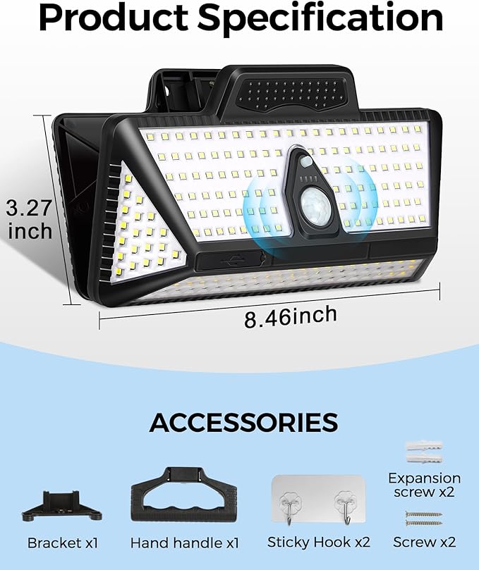 Large Clip on Solar Lights Outdoor, 208 LEDs 1000Lum Bright Solar Security Light with Motion Sensor, 3 Ways -Mount, Portable Solar Outdoor Lights for Fence Gutter Garage Yard (2Pack)