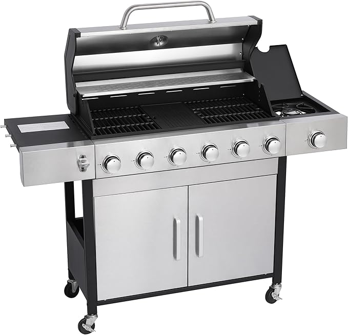 6-Burner Gas Grill with Side Burner, 65850 BTU Outdoor BBQ Grill, 620 sq in Cooking Area with Cast Iron Grates, Enameled Steel Lid & Built-in Thermometer for Patio, Garden, Family Gatherings