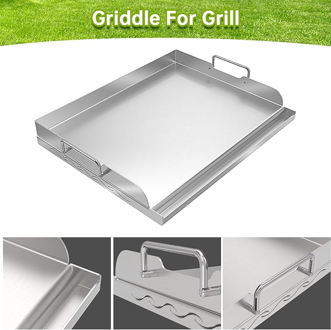 Universal Stainless Steel Griddle Flat Top Plate with Even Heating Bracing for BBQ Charcoal and Gas Grills, Camping, Tailgating, and Parties,with Grease Groove and Removable Handles (23" x 16")