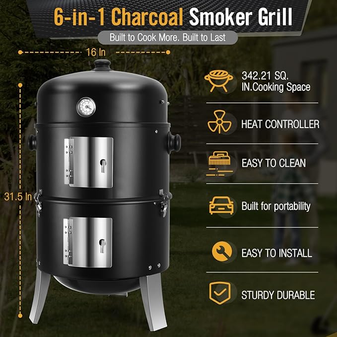 BBQ Charcoal Smoker for Meat: 16 Inch Heavy Duty 4 In 1 BBQ Charcoal Grills - Vertical Barbecue Smokers Grill Combo for Outdoor Cooking Patio Backyard Picnic Party Grilling