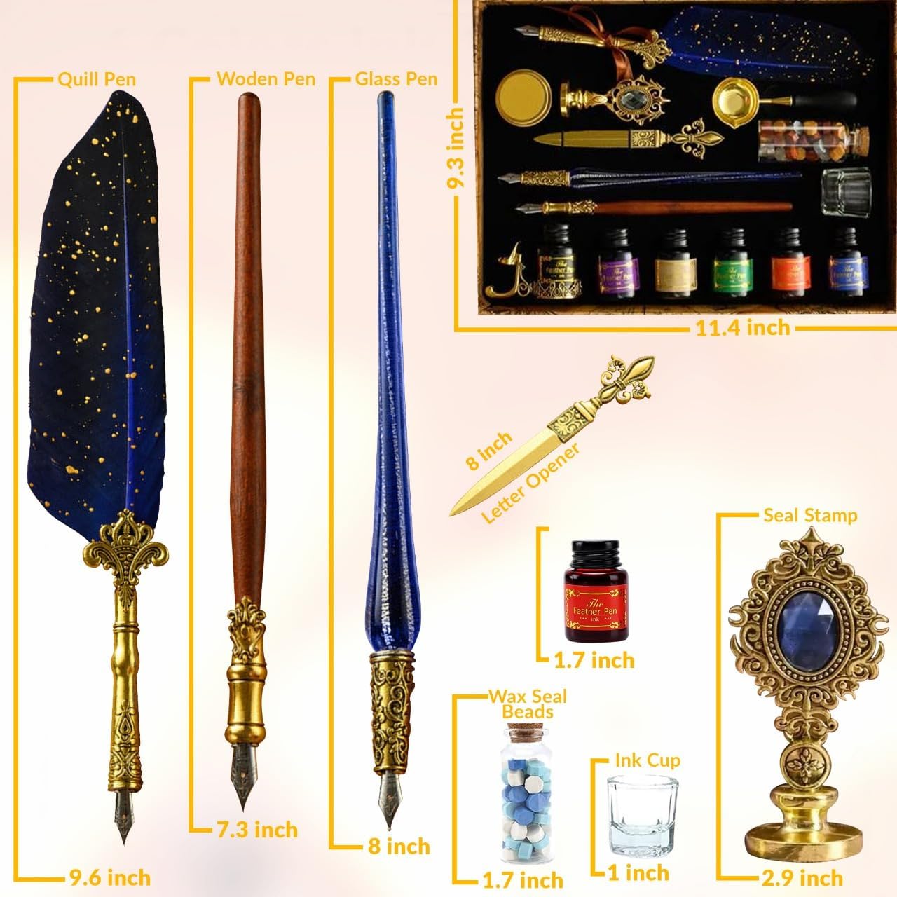 CASA BRAVA Vintage Calligraphy Set with Pen Nibs, Quill Feather Pen and Ink Set, Calligraphy Kit with Dip Pen Nibs and Wax Seal Stamp Kit, Ornate Holders, Gift Box