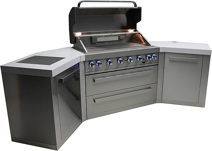 Mont Alpi MAi805-45 44-inch 6-Burner 115000 BTU 45 Degree Stainless Steel Gas Outdoor Kitchen Bar Barbecue Island Grill + Infrared Side & Rear Burners + Granite Countertops + Storage Drawers