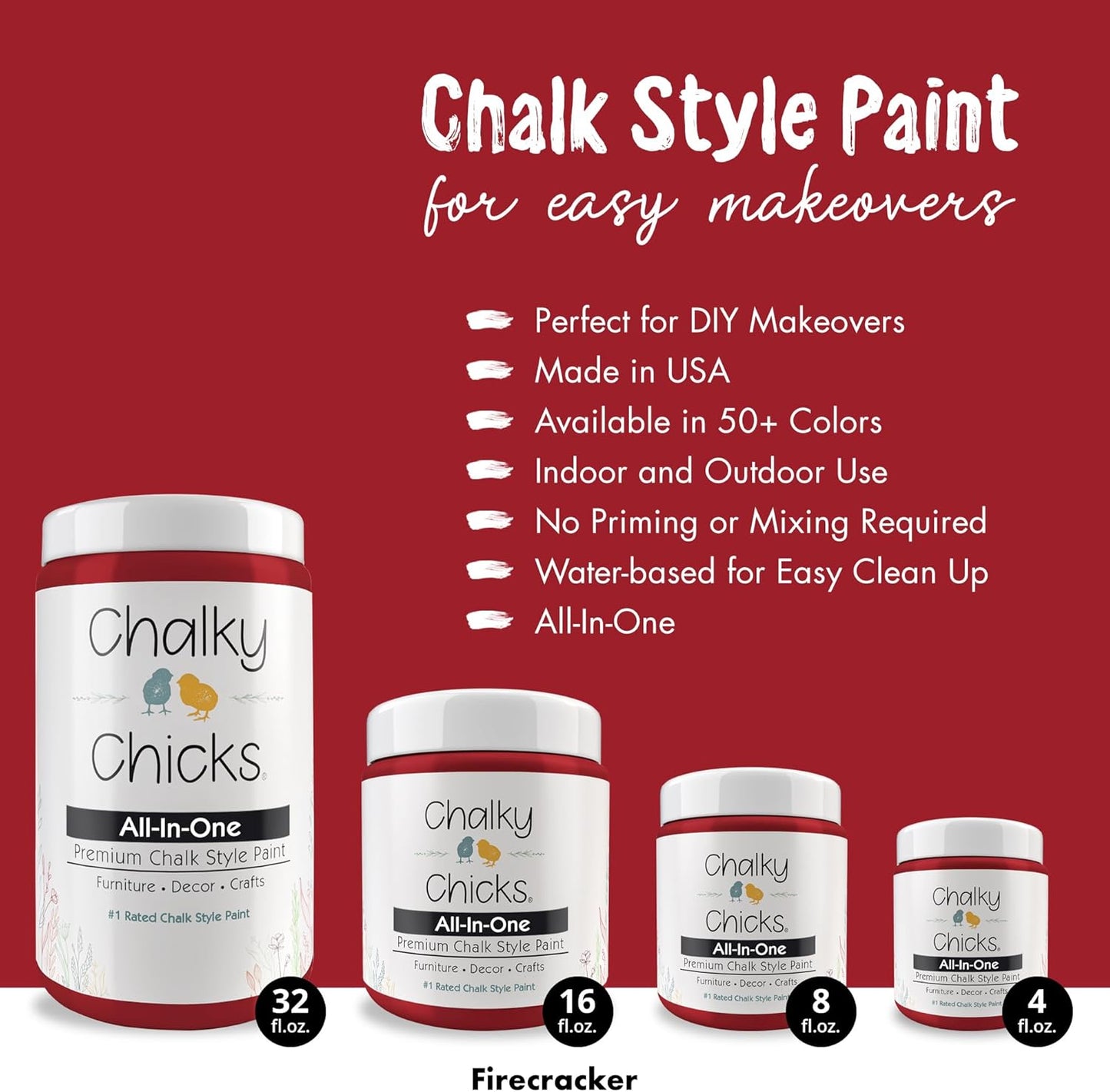 Chalky Chicks All-in-One Chalk Paint for Furniture or Cabinet - 8 Fl Oz - Matte Finish Firecracker (Red) for Metal, Wood Furniture Paint - No Sanding All-in-One for Home Decor & Crafts, USA Made