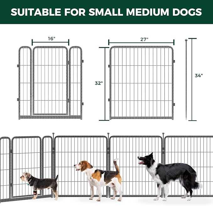 FXW Garden Fence Outdoor for The Yard – 32in(H) x 18.2ft(L) Heavy Duty Metal Animal Barrier for Dog and Rabbit, Decorative Dog Fence, 8 Panels, Silver