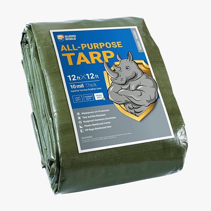 GUARD SHIELD Heavy Duty Tarp 12x12 Feet Green Multi Purpose Thick Waterproof Poly Tarp Cover 10mil
