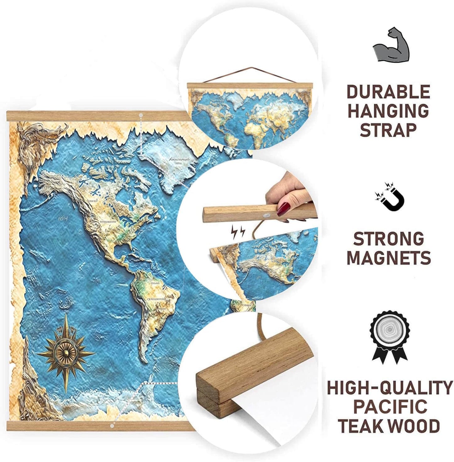 DACRI HOME 32" Wide Magnetic Poster Hanger Frame - 32x24 32x40 32x48 Magnetic Frame - Premium Teak Wood, Strong Magnets for Hanging Posters Maps Pictures Scroll Wall Art (32 Inch, Natural Wood)
