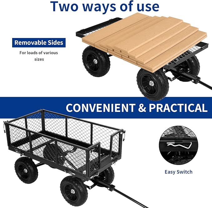 BILT HARD 400 lbs 10" Rubber Tires Steel Garden Cart with 180° Rotating Handle and Removable Sides, 4 Cu.Ft Capacity Utility Heavy Duty Garden Carts and Wagons