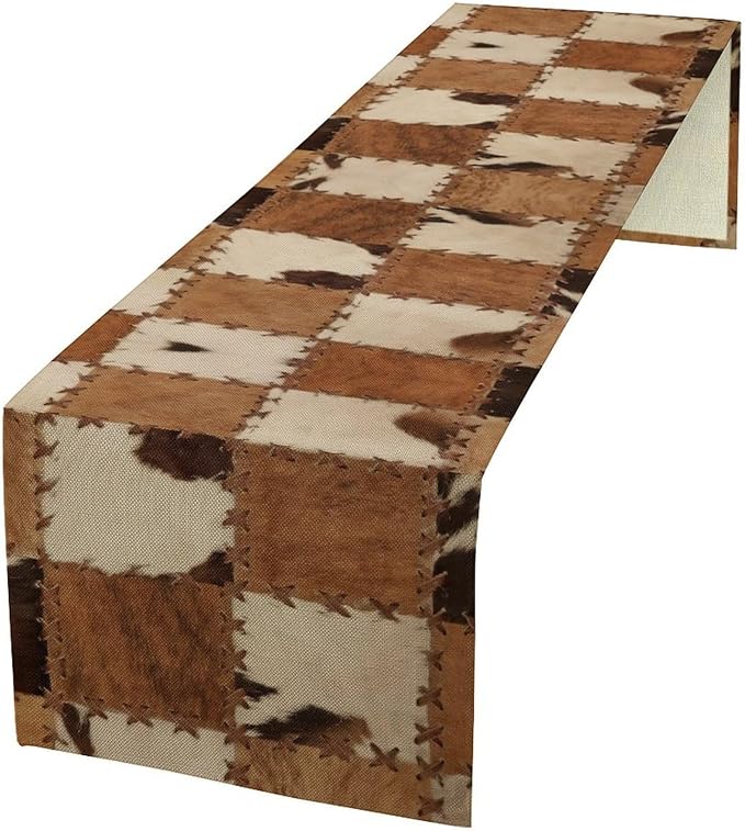 Cowhide Animal Table Runner, Vintage Western Cowboy Patchwork Fur Table Runner for Kitchen Farmhouse Dining Home Banquet Party 13x108in