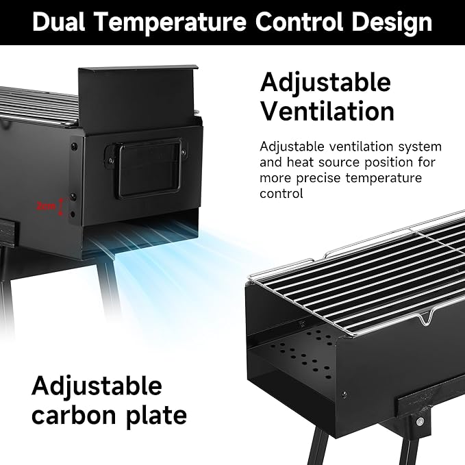 WILLBBQ Charcoal Grills Commercial Quality Portable Hibachi BBQ Folded Camping Barbecue Grill for Backyard Party Outdoor Cooking Use，Perfect Christmas Gifts for Dad (31.6x7.1x5.1 inch), BLACK