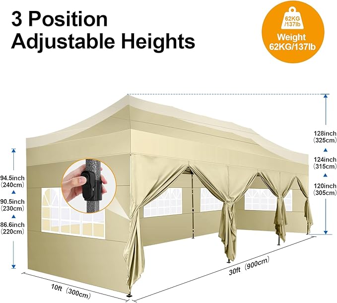COBIZI 10x30 Pop up Canopy Tent 10x30 Canopy with Sidewall Waterproof Heavy Duty Commercial for Parties Outdoor Garden Gazebo Tent, Carry Bag with Wheel(10x30ft with Sidewalls,Khaki)