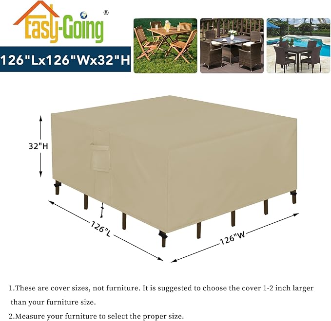 Easy-Going Square Patio Furniture Cover Waterproof Outdoor Dining Table and Chair Cover Anti-UV Outside Sectional Sofa Set Covers (126"L x 126"W x 32"H, Camel)