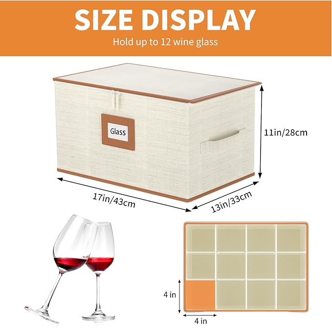 Aokeyee China Storage Containers Hard Shell 8 Piece, Mug, Wine Glass, Utensils, Plate Storage Containers w/Lid, Soft Dividers Felt Pads, Handles, Stackable Storage Organizer for Moving, Party, Ivory