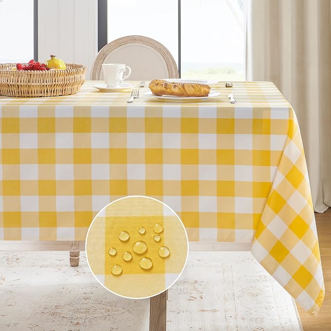 Softalker Gingham Checkered Tablecloth Rectangle - Outdoor Waterproof Buffalo Plaid Table Cloth, Stain Resistant Washable Table Cover for Picnic, Camping, Dining - Yellow and White, 54 x 108 Inch