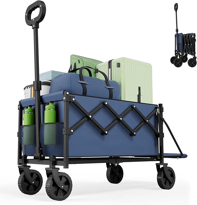 Collapsible Wagon with Tailgate, Wagons Carts Foldable with 350lbs Capacity, Lightweight Portable Utility Wagon Cart (Navy)