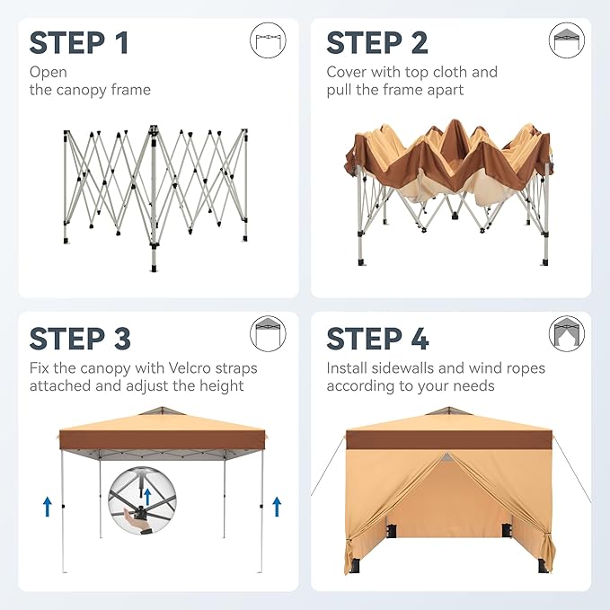 PHI VILLA 10x10 Pop Up Canopy Tent with Sidewalls - Easy Up Tent with Mesh Windows for Ventilation, Waterproof Design - Ideal for Parties, Beach, and Outdoor Events (Beige)