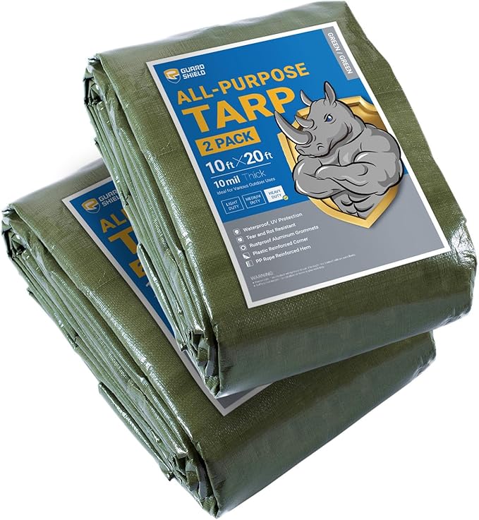 GUARD SHIELD Tarps Heavy Duty Waterproof 10x20 Feet Green Poly Tarp Cover Outdoor Thick UV Resistant Tarpaulin with Grommets 10mil (2-Pack)