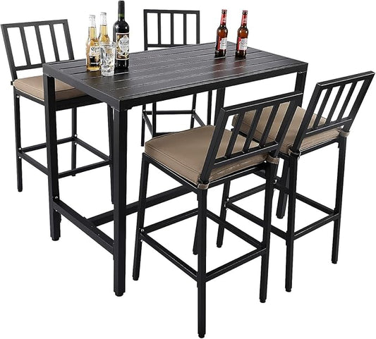Outdoor Patio Bar Set, Bar Height Patio Dining Set, Weather-Resistant Bistro Counter Pub Set with Cushions & Slatted Tabletop for Backyard