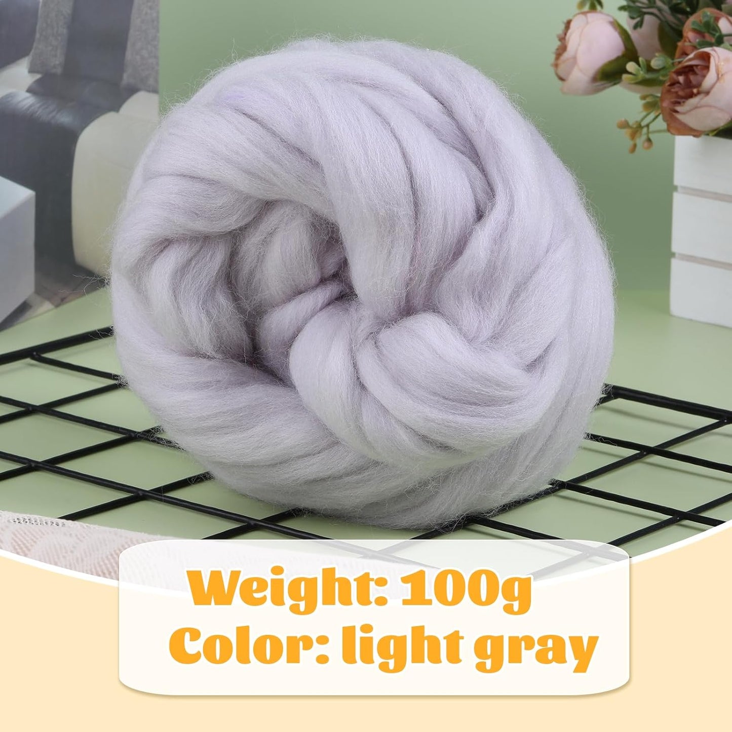 3.53oz Wool Roving Yarn, Fiber Roving Wool Top, Needle Felting Supplies, Pure Wools, Chunky Yarn, Spinning Wools for Needle Felting Wet DIY Hand Spinning (Grey)
