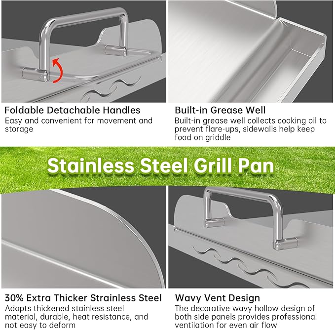 Universal Stainless Steel Griddle Flat Top Plate with Even Heating Bracing for BBQ Charcoal and Gas Grills, Camping, Tailgating, and Parties,with Grease Groove and Removable Handles (23" x 16")