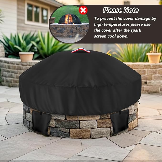 Outdoor Round Built in Stone Fire Pit Cover,Heavy Duty 600D Waterproof Cover for 50In-57In Fire Pit with Spark Screen,All-Weather Protection Round Fire Pit Cover for In Ground Brick Fire Pit,Black