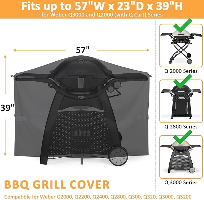 Grill Cover for Weber Q2000, Q2200, Q2400, Q2000N+, Q2800N+, Q300, Q320, Q3000, Q3200 Gas Grills, Replacement for 7112 Cover, 57 Inch Waterproof Full-Length Cover for Weber Q Series Gas Grill on Cart