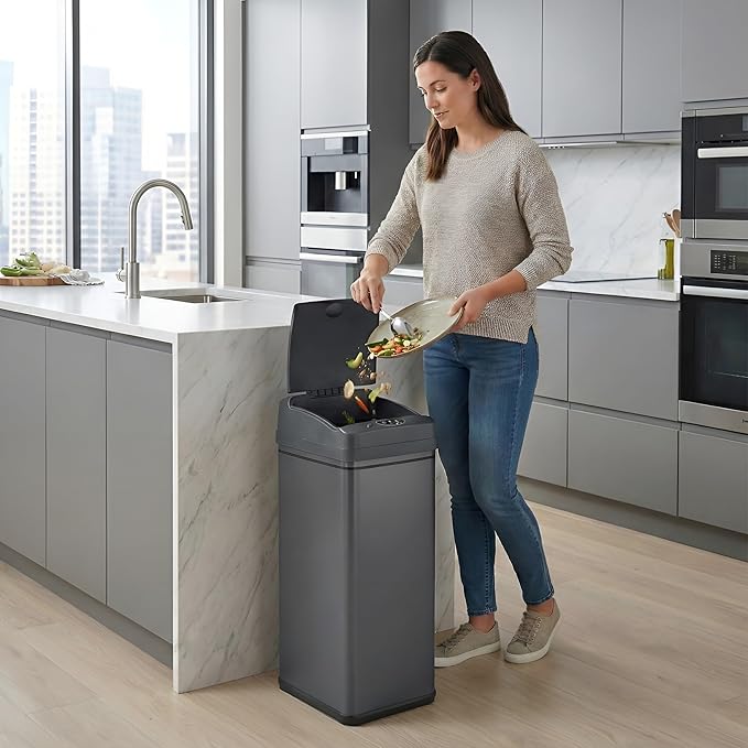 iTouchless 50 Liter / 13 Gallon Kitchen Trash Can with Lid & AbsorbX Odor Filter – Motion Sensor Gunmetal Gray Stainless Steel Garbage Bin for Home, Office, or Garage – Slim, Large Capacity Design