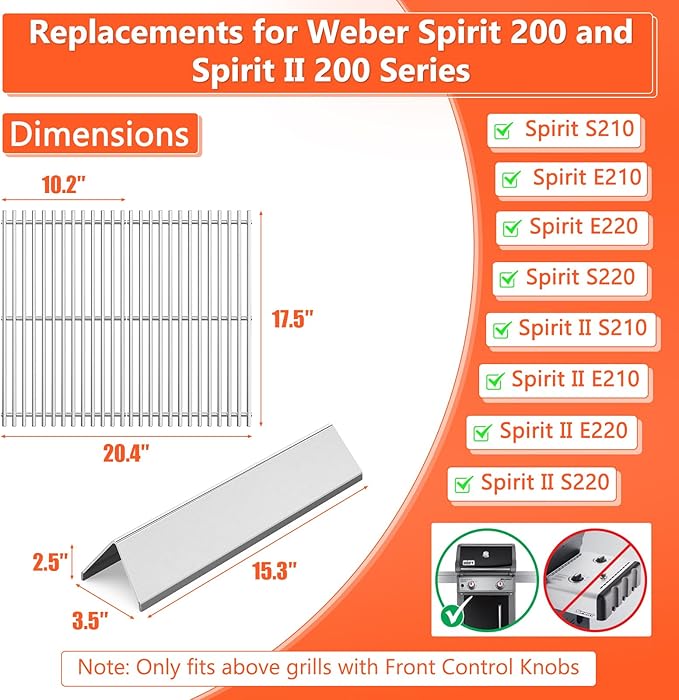 7635 7637 Grill Parts for Weber Spirit E210, E220, S210, S215, Spirit 200 & GS4 Spirit II E210, Spirit II E220 Series with Front Control, SUS304 Stainless 15.3" Flavorizer Bars & 17.5" Grates