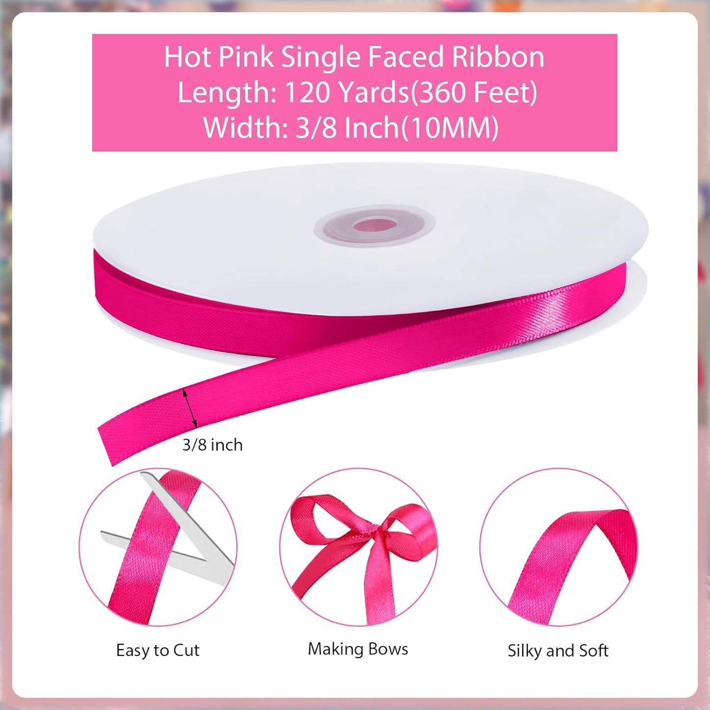 120 Yards Hot Pink Ribbon 3/8 Inch Thin Pink Satin Ribbon for Christmas Gift Wrapping Wedding Bride Bracelet Hair Bows DIY Crafts Bags Balloon String