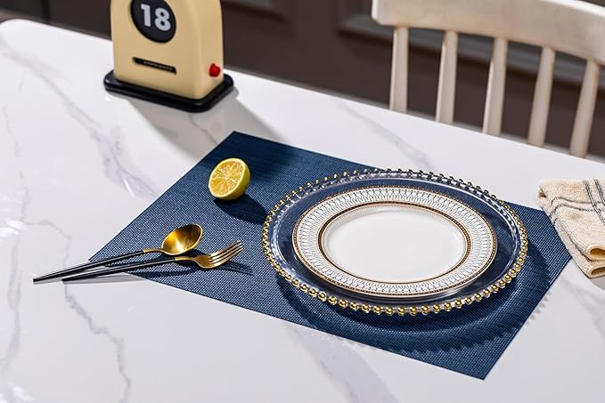 LEXMORE PlaceMats Set of 12 Vinyl/Plastic Woven Place Mats for Kitchen Table Indoor/Outdoor Washable PlaceMats Wipeable Dining Table Mats(Navy Blue)