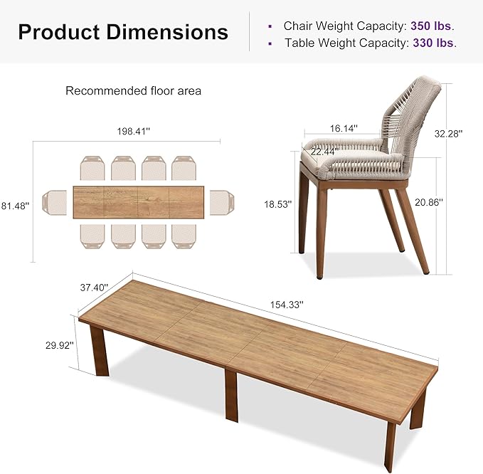 PURPLE LEAF 11 Pieces Patio Dining Set Aluminum Oversize Rectangular Table and Wicker Chairs with Cushions for Kitchen Porch Garden Modern Outdoor Furniture Sets