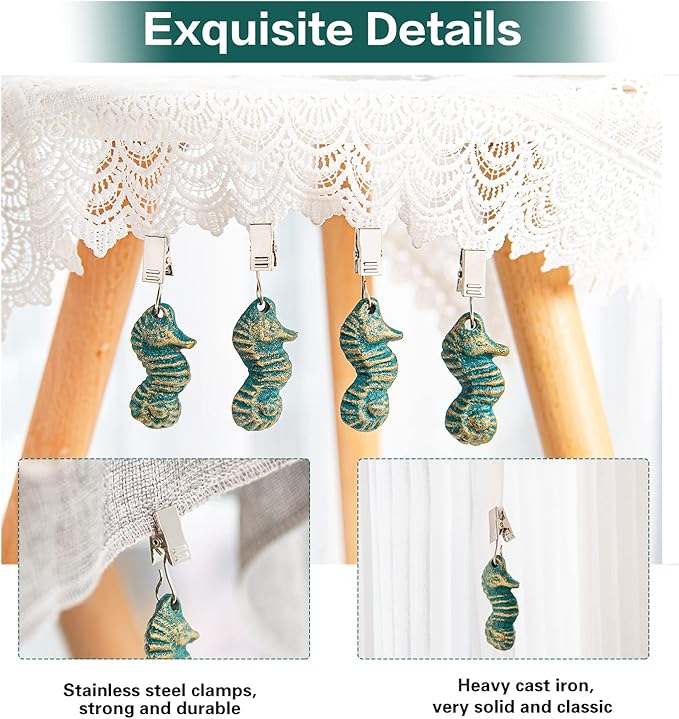 Sungmor Cast Iron Tablecloth Weights - 4 Pack Vintage Green Sea Horse Table Cloth Weights Clip On - Heavy Weights for Picnic Tablecloth, Outdoor Tables, Garden Flags, Curtains