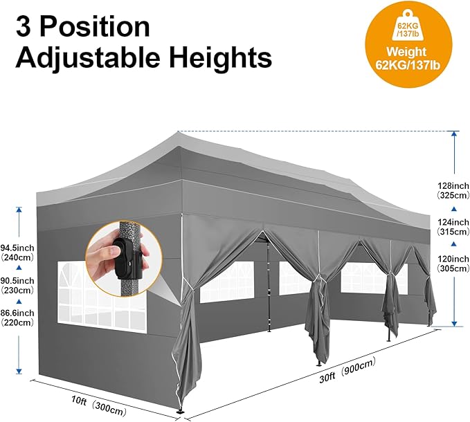 COBIZI 10x30 Pop up Canopy Tent 10x30 Canopy with Sidewall Waterproof Heavy Duty Commercial for Parties Outdoor Garden Gazebo Tent, Carry Bag with Wheel(10x30ft with Sidewalls,Gray)