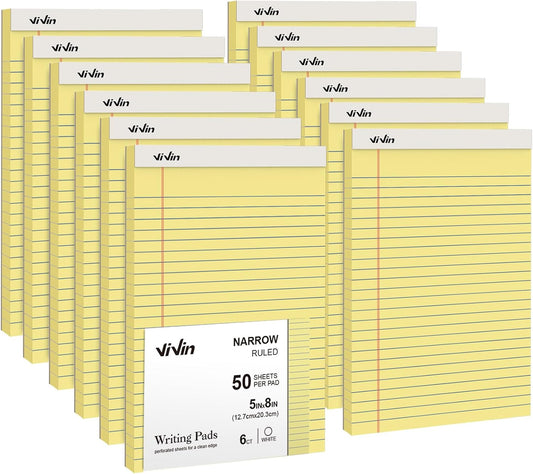 ViVin 5 x 8 Inch Legal Pads, 12 Pack, Narrow Ruled, 50 Sheets Per Writing Pad, Perforated Note Pads Ideal for Home, Office, Business, 600 Sheets, Canary Yellow Paper