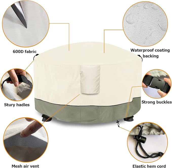 Fire Pit Cover,Outdoor Heavy Duty 600D 100% Waterproof Fire Pit Cover Round,Weatherproof Firepit Covers Round 36" Dia x 24" H,Beige