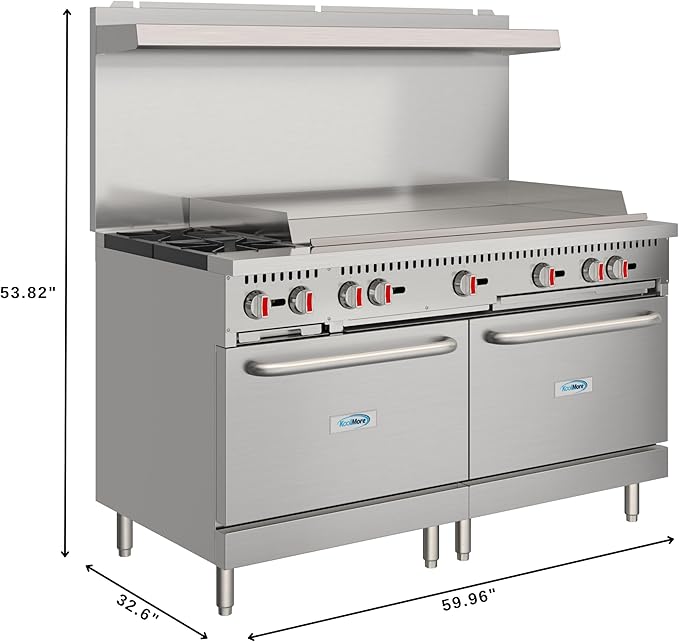 KoolMore 60 in. Double Oven Commercial Cooking Range with 48 in. Griddle and 2 Burners, ETL Listed in Stainless-Steel (KM-CRG482-NG)