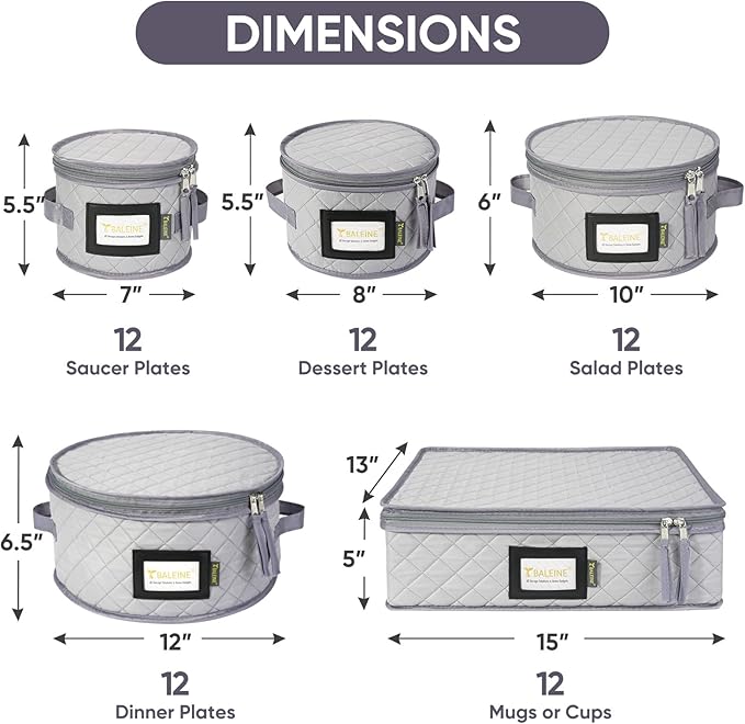 BALEINE China Storage Containers, Sturdy Quilted Wine Glass Storage, Plate Organizer with Carry Handles, Moving Boxes for Dishes, Cups, Mugs and Stemware (Plate Mug Combo, Soft Shell Grey)
