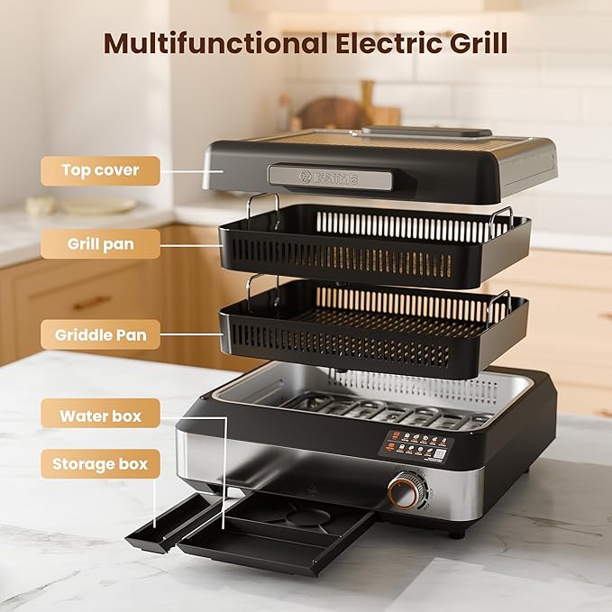 Kismile 2-in-1 Griddle and Indoor Grill,Electric Smokeless Grill with Temperature Control,Removable Plate,Portable Smoke-Free Griddle for Indoor Steaks,Vegetables,Family Cooking