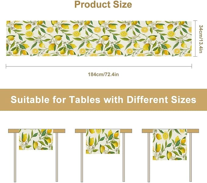 Lemon Table Runner, Summer Fruits Green Leaves Flower Plant Table Runner for Farmhouse Coffee Home Kitchen Dining Party Outdoor 13x60in