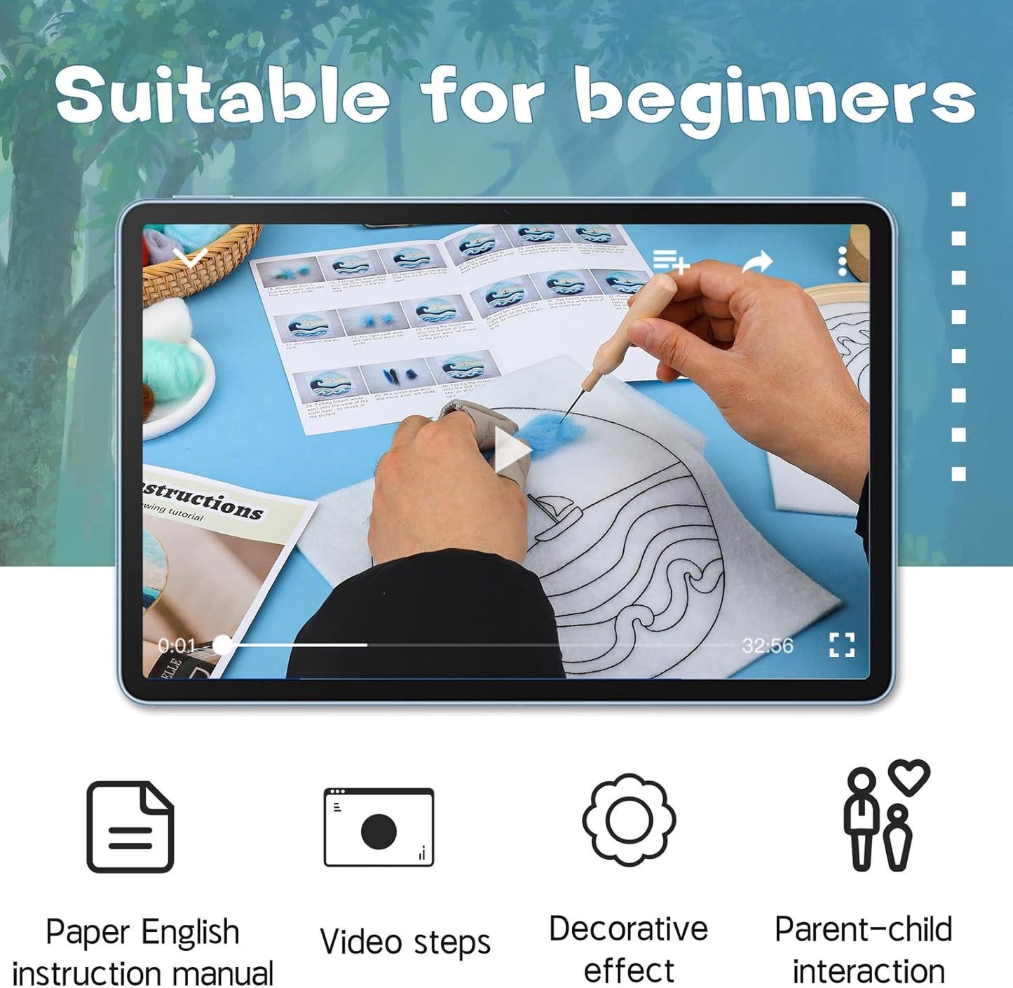 QMNNMA Needle Felting Kits, Wool Felting Kit with Picture Frame, Foam Pad, Felt Cloth, and Instructions, Needle Felt Painting Kit for Home Decoration (Sea Waves and Sailboats)