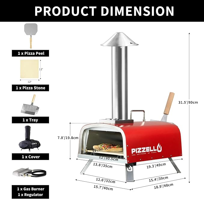 PIZZELLO 13" Outdoor Pizza Oven Propane Wood Fired Outdoor Foldable Pizza Ovens with Gas Burner, Wood Tray Pizza Stone, Pizza Peel, Cover