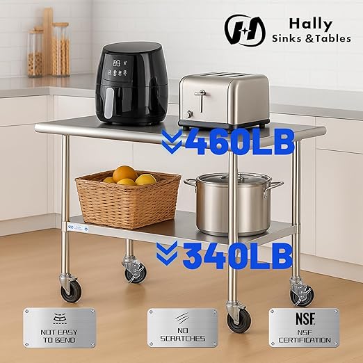 Hally Stainless Steel Table for Prep & Work 24 x 48 Inches with Caster Wheels, NSF Commercial Heavy Duty Table with Undershelf and Galvanized Legs for Restaurant, Home and Hotel