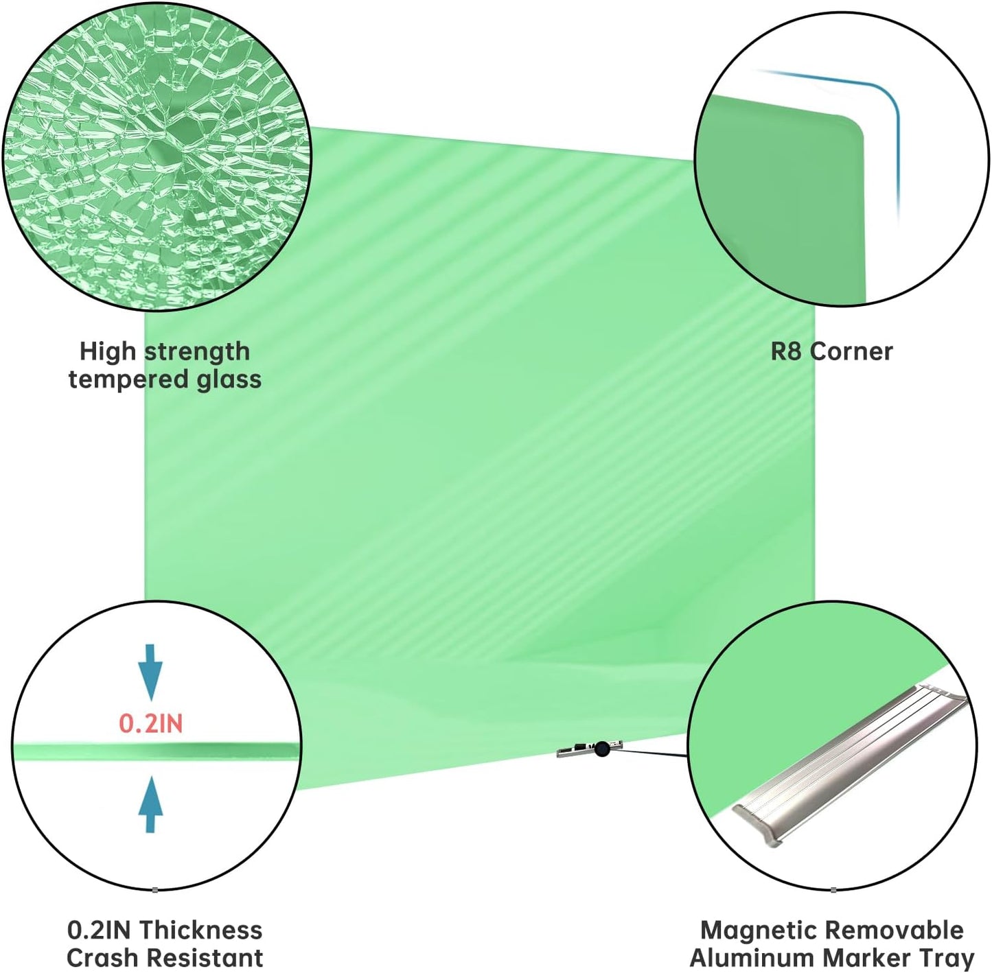 Magnetic Glass Whiteboard - Glass Dry Erase Board 48"x36" Large Frameless Glass Board for Walls Office School and Home, Green