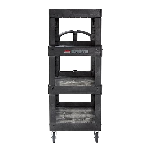 New Rubbermaid Commercial Products 4-Shelf Utility/Service Quad Cart, Heavy Duty Large, Lipped Shelf, Ergonomic Handle, 700 lbs. Capacity, for Warehouse/Garage/Cleaning/Manufacturing (2128657) Black