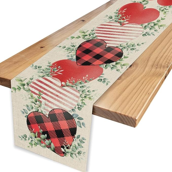 Valentines Day Table Runner,Vintage Rustic Sweet Heart Leaves Valentines Day Buffalo Plaid Runner for Table Seasonal Fresh Decor for Indoor Outdoor Dining Table Decorations, 13"x90"